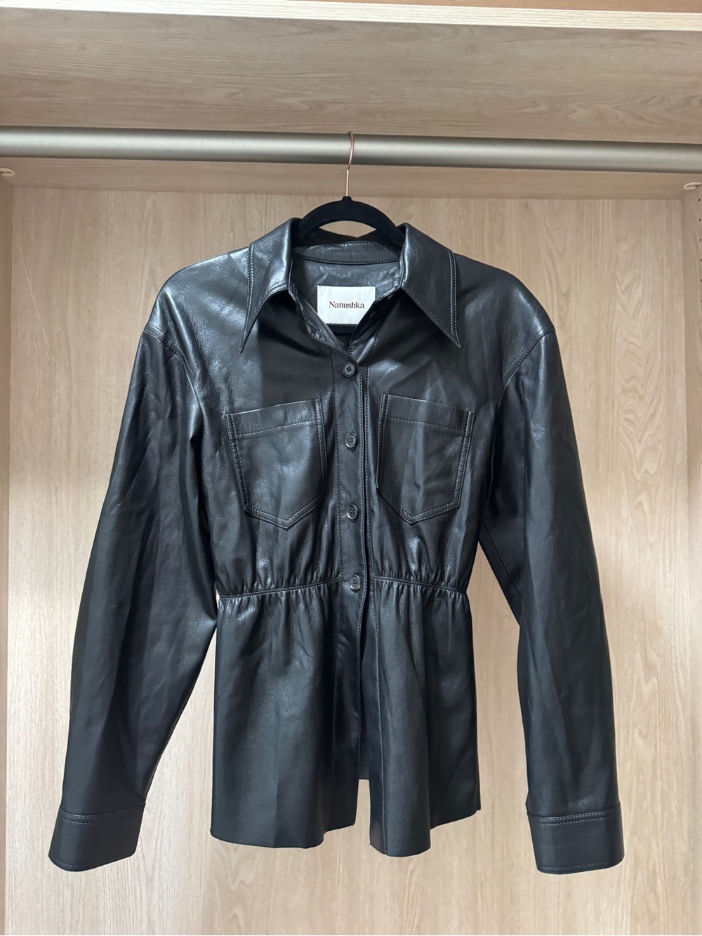 Nanushka Black Leather Button-Front Peplum Jacket